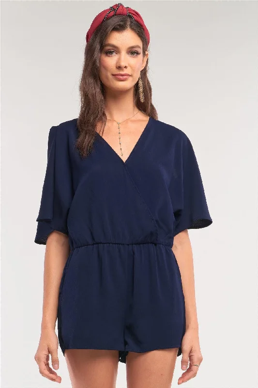 Navy V-Neck Wrap Self-Tie Back Flare RomperVNeckTopPeak