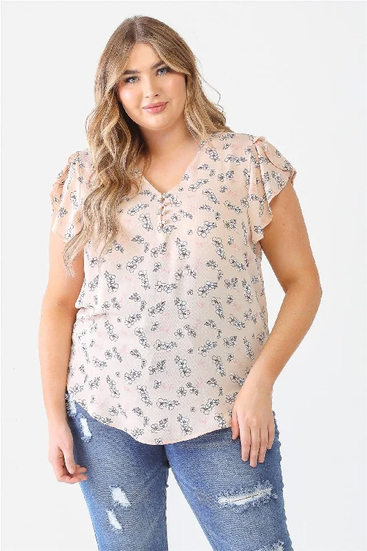 Junior Plus Taupe Flower Print Button-Up V-Neck Short Sleeve Top /2-1-1VNeckTopJade