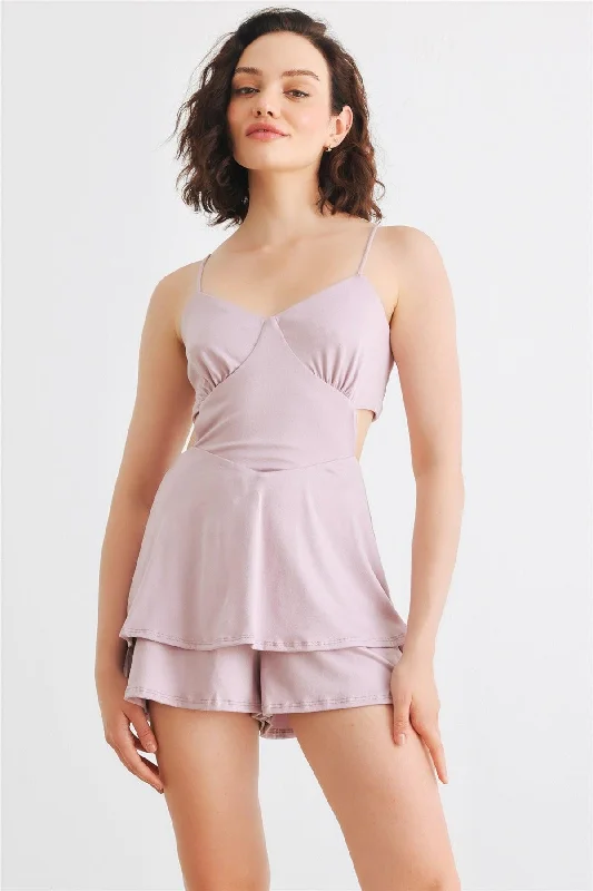 Lilac Sleeveless Strappy V-Neck Back Lace-Up Tier Romper /1-2-2-1VNeckTopDrift