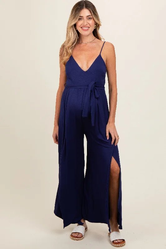 Navy Blue Sleeveless V-Neck Split Hem Maternity JumpsuitVNeckTopEmerald