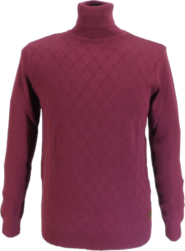 Knitted WinterTrojan Mens Port Red Fine Gauge Diamond Panel Roll Neck Jumper