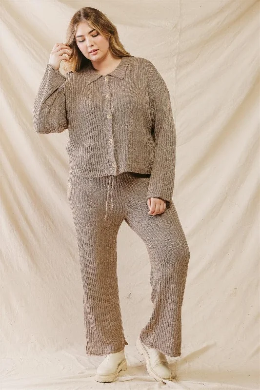 Cropped PantsJunior Plus Mocha Knit Button-Up Collared Sweater & Wide Leg Pants Set /2-2-1