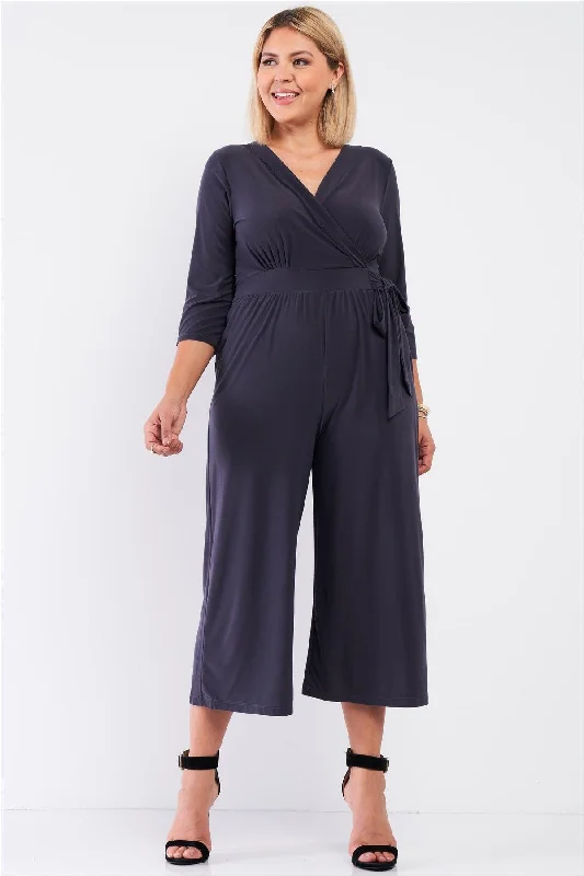 Junior Plus Dark Grey Plunging V-Neck Midi Sleeve Self-Tie Waist Detail Wide Leg Midi Jumpsuit /2-1-1VNeckTopAura