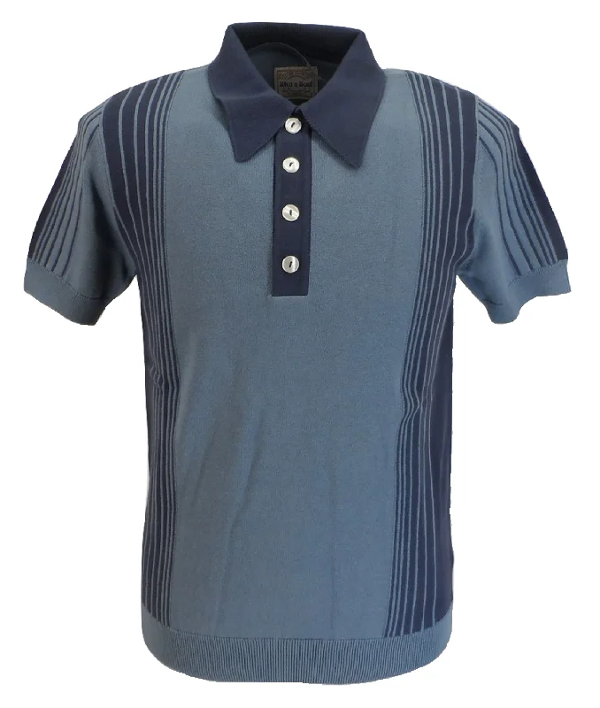 Knit CropSka & Soul Mens Blue Retro Striped Knitted Polo Shirts