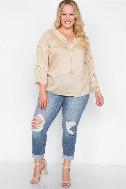 Plus Size Almond Crochet Trim V-Neck Boho Top /2-1-3VNeckTopEdge