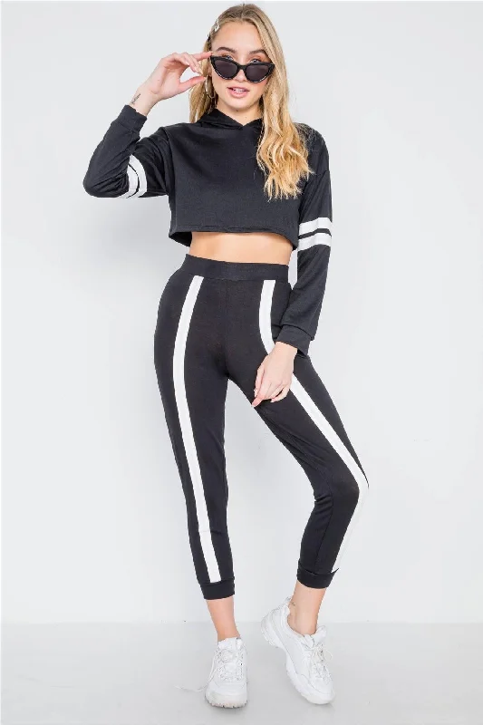 Distressed JeansBlack Two Piece Contrast Trip Crop Top Pants Set /1-2-2