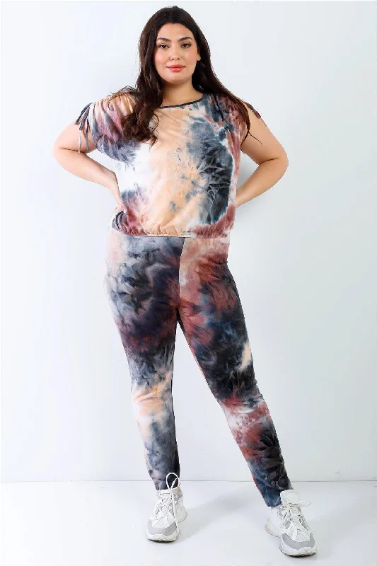 Printed PantsJunior Plus Peach & Black Tie-Dye Ruched Shoulder Detail Top & Pants Set /1-1-1