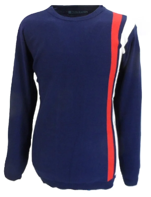 Knit Round NeckMens Navy Stripe Fine Gauge Mod Racing Jumper