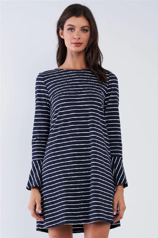 Navy Blue And White Horizontal Stripe Print Crew Neck Back Zipper Closure Loose Fit Long Sleeve Mini Dress /1-3-1