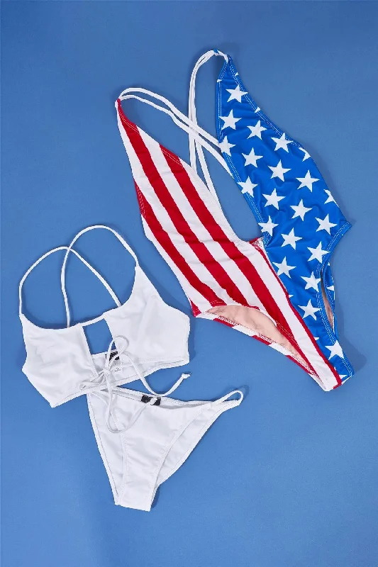 American Flag Deep V-Neck With Zip High-Leg Double Criss-Cross Strap One-Piece Sexy Swimsuit /2-4VNeckTopOnyx