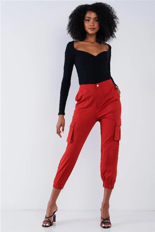 SlacksCherry Red High Waisted Cargo Pocket Jogger Pants