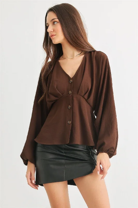 Brown Button-Up V-Neck Flare Hem Long Sleeve Top /4-2-2