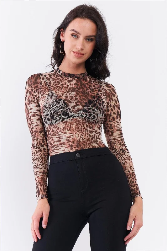 Brown Cheetah Sheer Mesh Mock Neck Long Sleeve Bodysuit /2-3-1