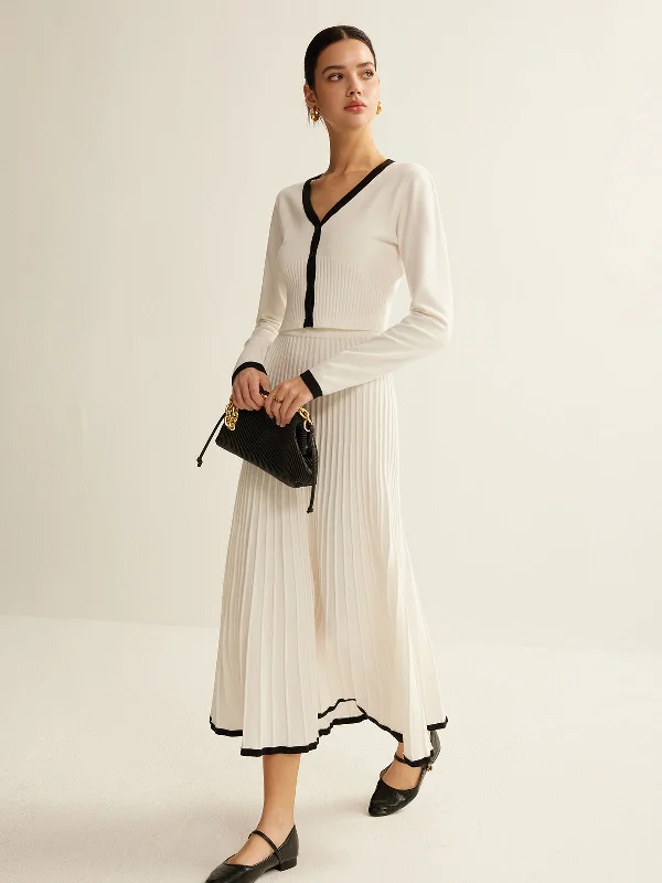 Contrast Trim Pleated Knit Skirt Set