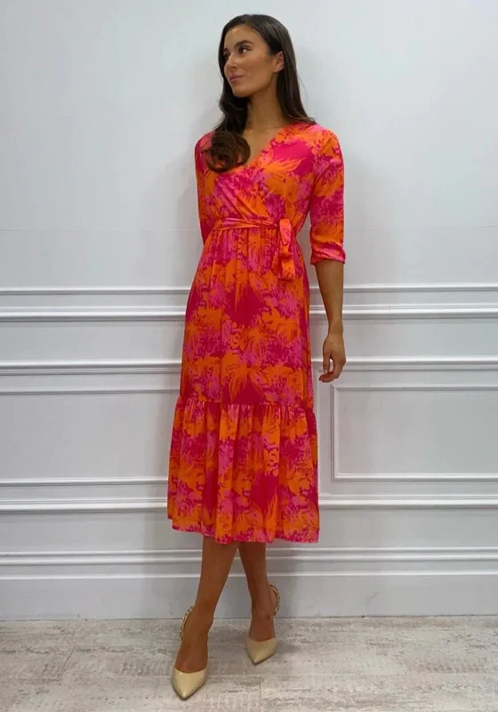 Cheerleader DressKate & Pippa Boho Panel End Printed Midi Dress, Pink & Orange