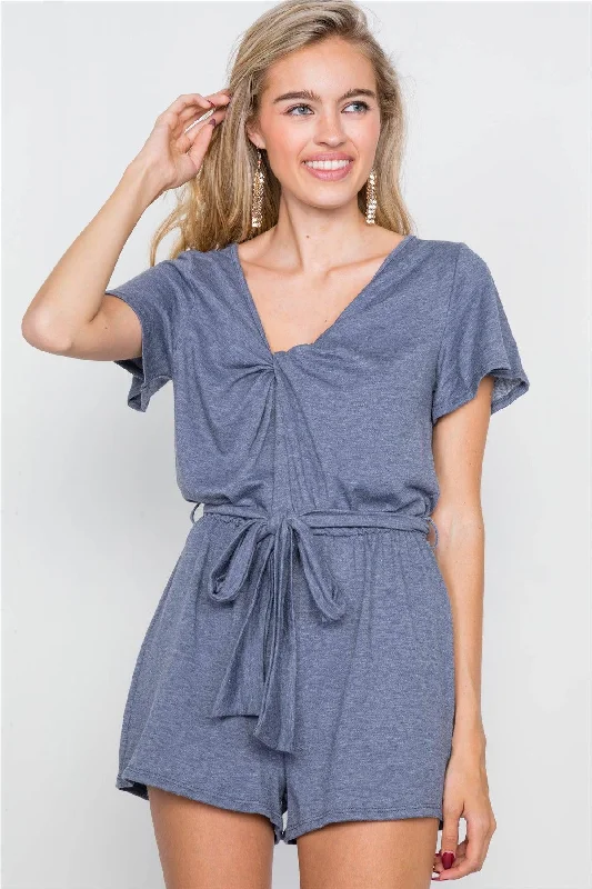 Denim Blue V-Neck Front Roll Knot Jersey Romper /2-2-2VNeckTopElite