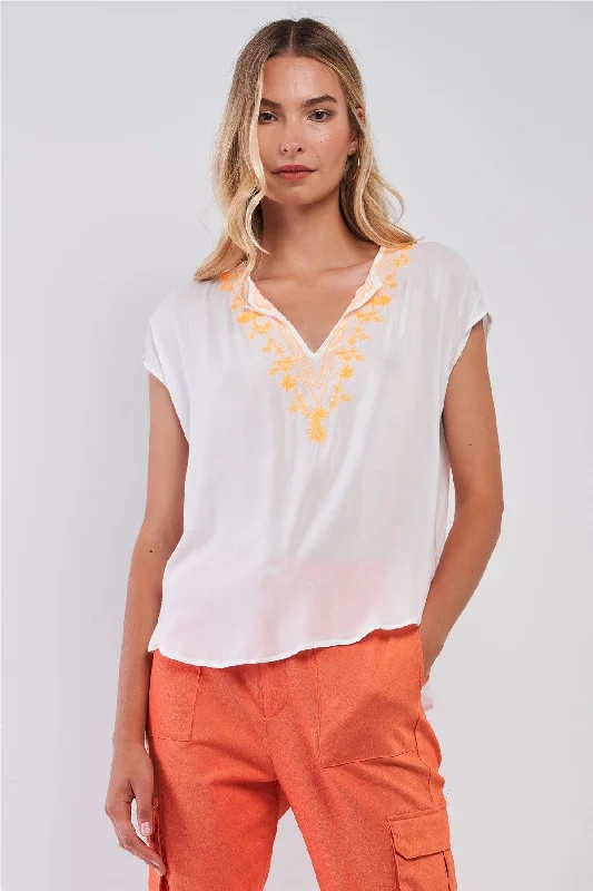 White & Orange Embroidery Boho V-Neck Short Sleeve Tunic Top /1-2-3VNeckTopDiamond