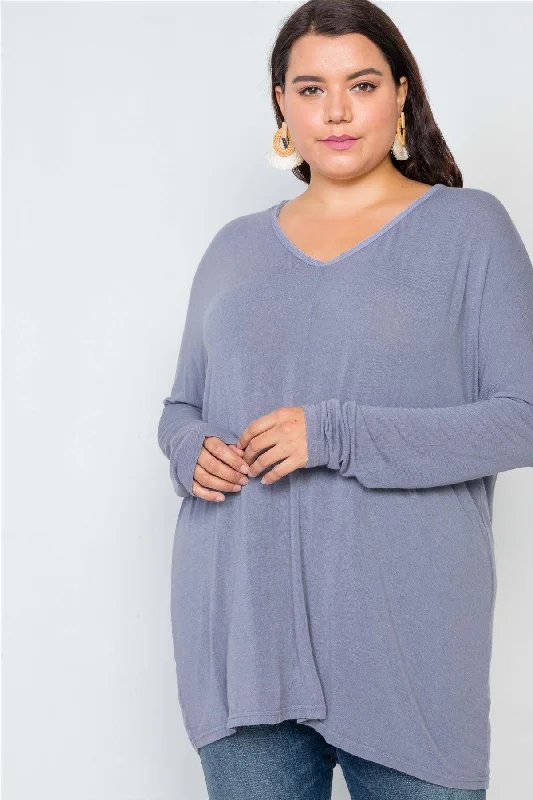 Junior Plus Size Slate Grey Basic Oversized Long Sleeve Top / 2-2-2