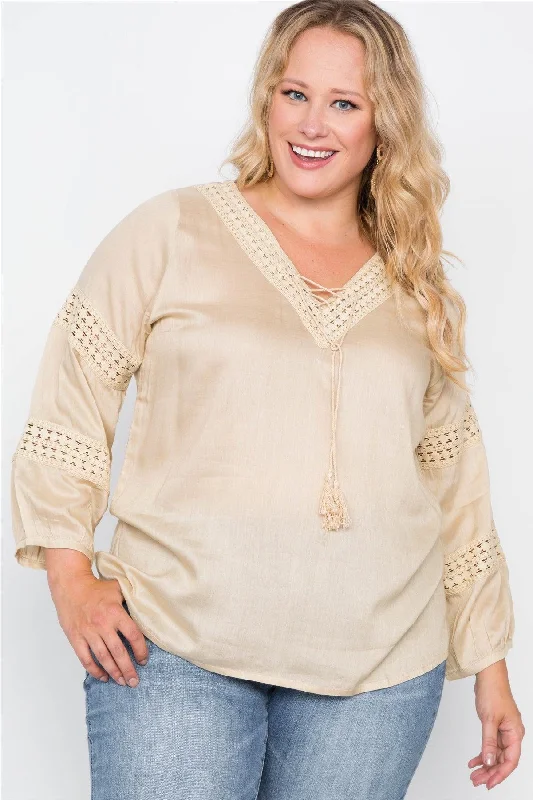 Plus Size Almond Crochet Trim V-Neck Boho Top /2-2-2VNeckTopUltra