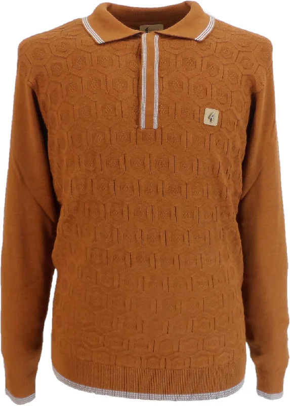 Knitted JumperGabicci Mens Toffee Geo Textured Retro Knitted Polo