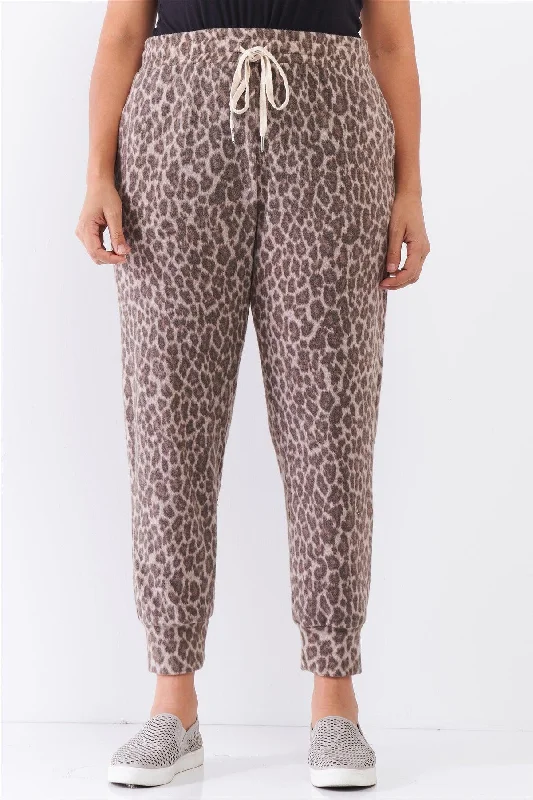 Flat-frontTaupe Brown Leopard Print Self-Tie High Waist Super Soft Lounge Pants /2-2-1