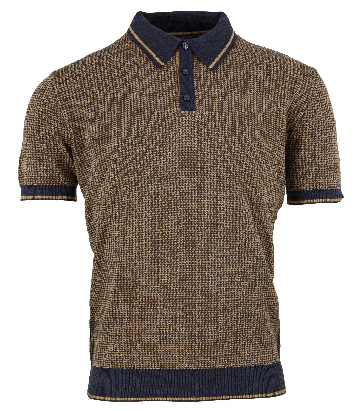 Knitted Short SleeveRelco Mens Navy/Caramel Retro Jacquard Dogtooth Knitted Polo Shirts