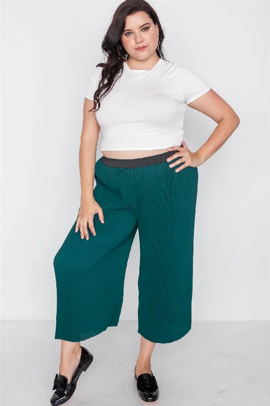 Lounge PantsJunior Plus Size Green Ribbed Wide Leg Ankle Pants /2-2-2