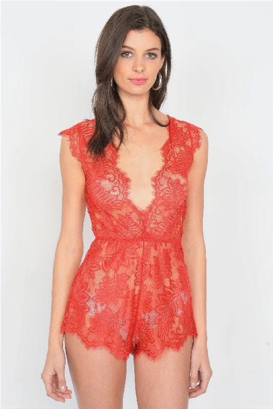 Red V-Neck Floral Lace Romper /3-2-1VNeckTopValkyrie