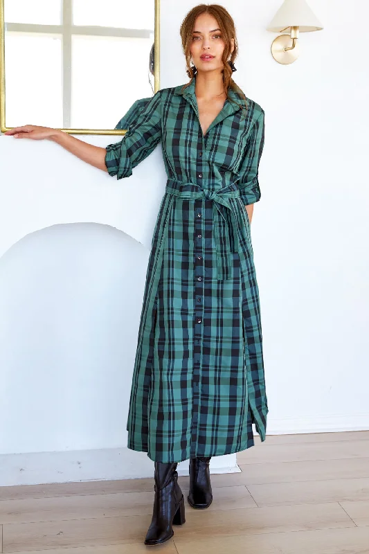 Studded ShirtsLaine Shirt Dress Emerald Green Christmas Plaid