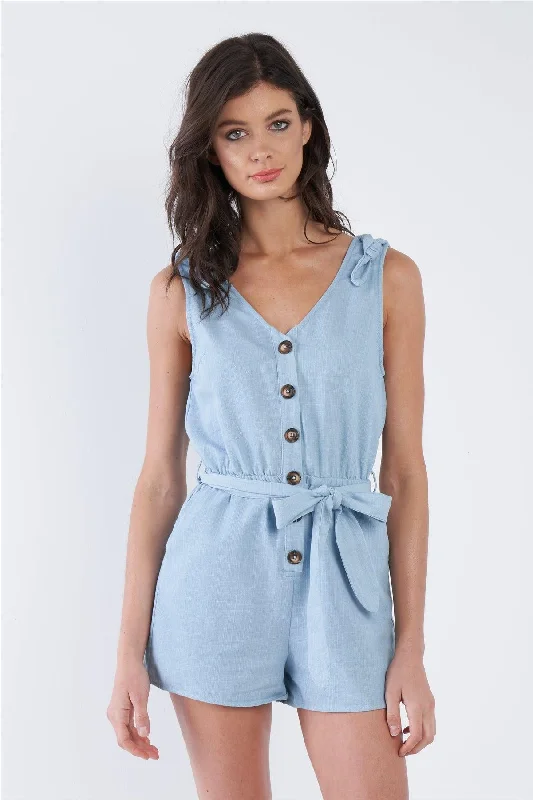 Light Denim Blue Cotton V-Neck Front Button Short Romper /2-1-1VNeckTopRise