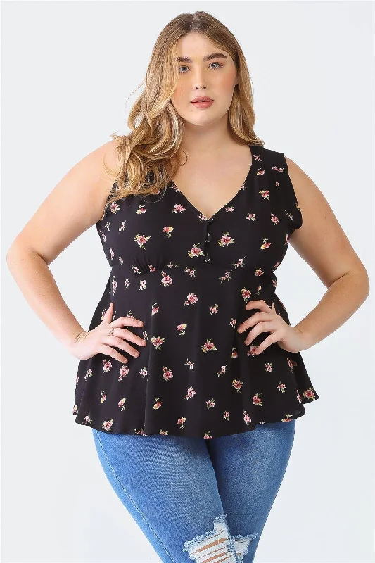 Junior Plus Black Floral Print Sleeveless V-Neck Button-Up Self-Tie Strap Flare Hem Top /2-1-1VNeckTopAqua