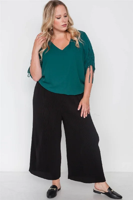 RompersPlus Size Black Ribbed Wide Leg Ankle Pants /2-2-2