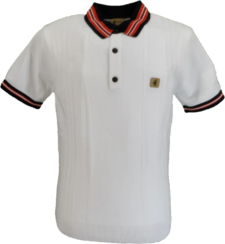 Knit V-NeckGabicci Vintage Mens White Canto Textured Knitted Polo Shirt