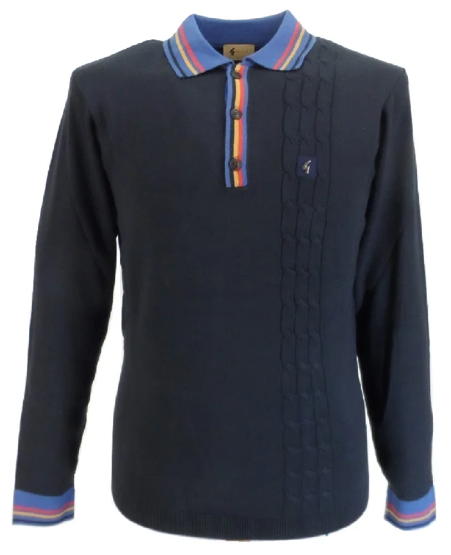 Knitted Polka DotGabicci Vintage Mens Navy Cable Front Knitted Polo Shirt