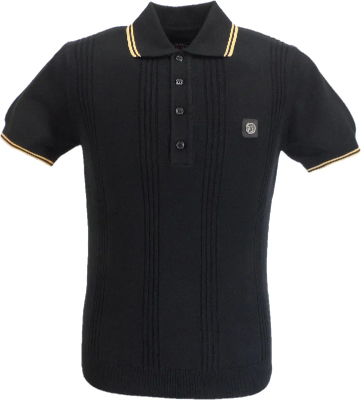 Knitted LaceTrojan Records Mens Black Self Stripe Knitted Polo Shirt