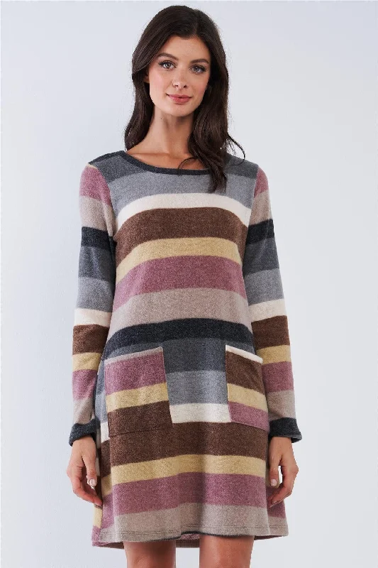 Mauve Multicolor Soft Striped Loose Fit Long Sleeve Sweater Type Mini Dress With Front Pockets /2-2