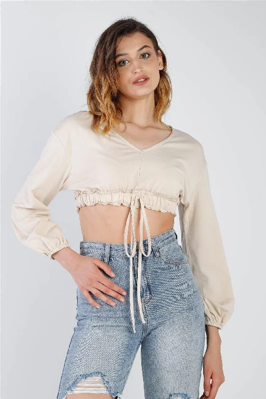 Beige Self-Tie Ruffle Hem V-Neck Long Balloon Sleeve Crop Top /2-2-2VNeckTopGeo