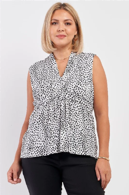 Junior Plus Black & White Leopard Print V-Neck Sleeveless Self-Tie Back Detail Flare Top /3-2-1VNeckTopBlaze