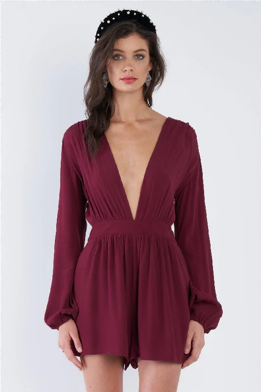 Plum Red V-Neck Vintage Long Puff Sleeve Short Chic Romper /3-2-1VNeckTopBronze