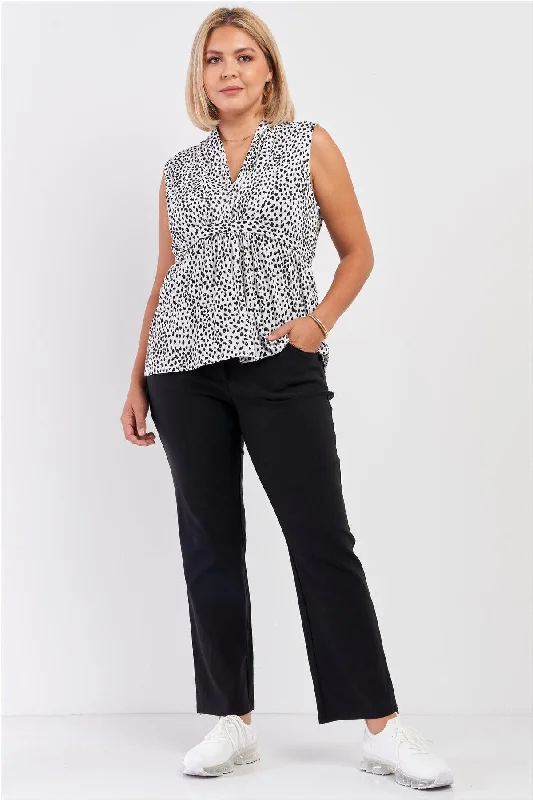 Junior Plus Black & White Leopard Print V-Neck Sleeveless Self-Tie Back Detail Flare Top /3-1-1VNeckTopSurge