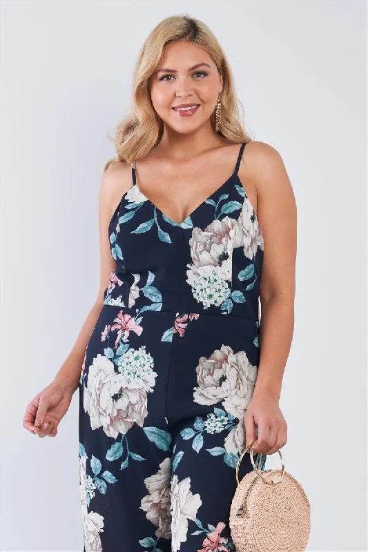 Junior Plus Size Navy Floral V-Neck Double Slit Wide Leg Jumpsuit /3-2-2VNeckTopQuasar