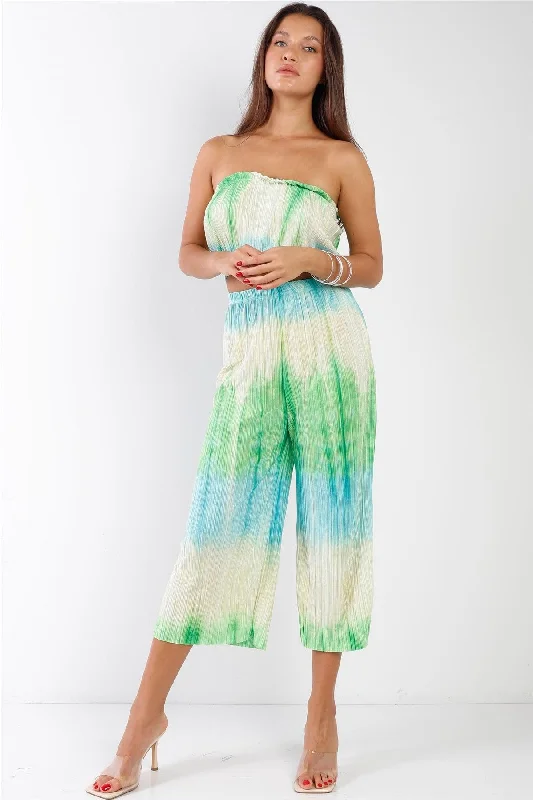 Running PantsTie-Dye Green & Blue Acid Wash Pleated Sleeveless Strapless Crop Top & High Waist Wide Pants Set /3-2-1