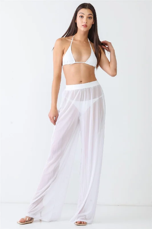 Swim TrunksWhite Mesh Sheer Ruched High Waist Flow Elastic Waist Wide Leg Beach Swimwear Cover Up Pants