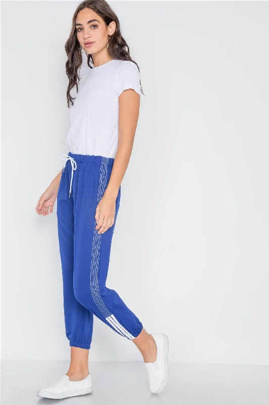 Pegged PantsBlue Mid-Rise Contrast Trim Sporty Joggers Pants /3-4