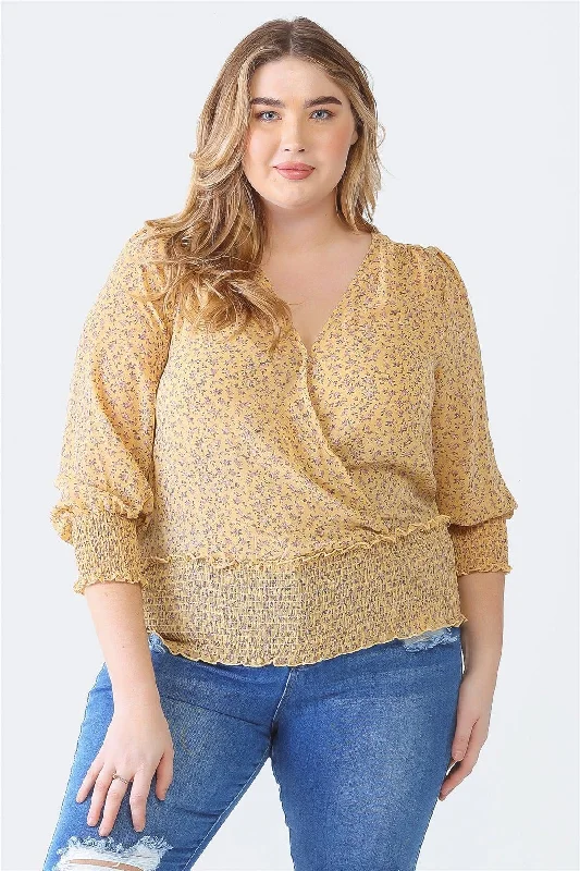 Junior Plus Yellow Floral Print Chiffon Wrap V-Neck Long Sleeve Smocked Top /1-1-1