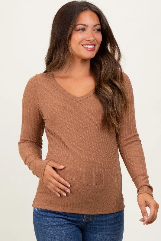 Camel Ribbed V-Neck Long Sleeve Maternity Top