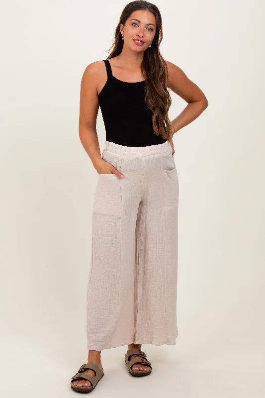 Mom JeansCream Cotton Gauze Wide Leg Maternity Pants