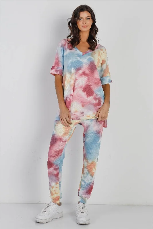 Denim JeansMulti Color Tie-Dye Waffle Knit Short Sleeve Top & Pants Set /1-1-1