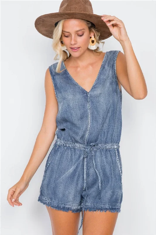 Washed Denim V-Neck Vintage Raw Hem Mini Short Romper /3-2-1VNeckTopPrime