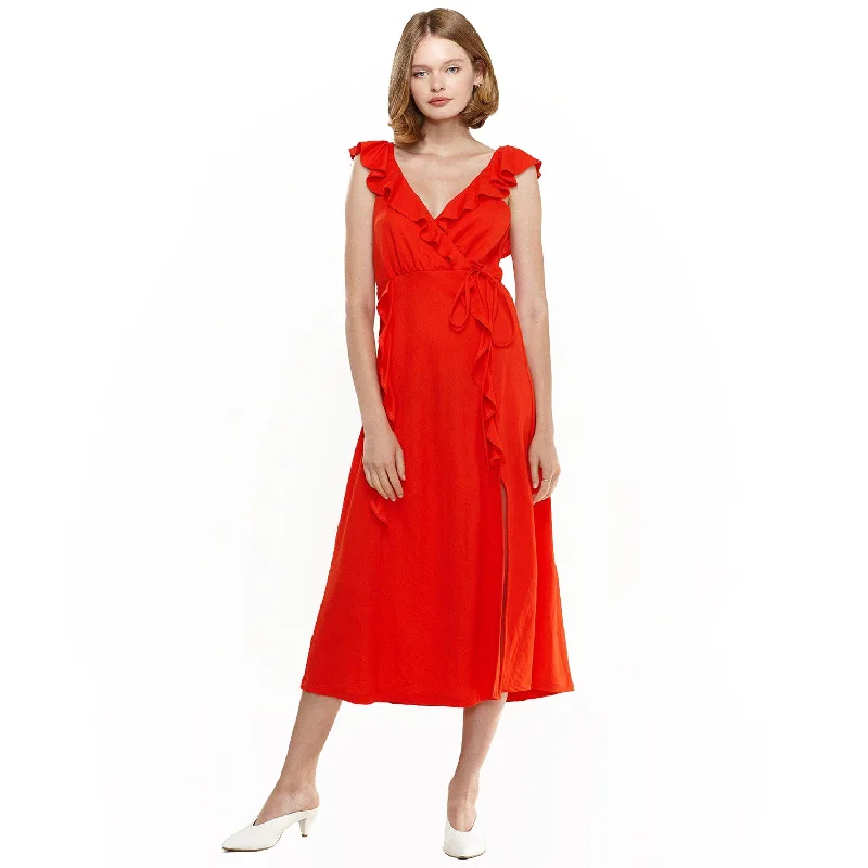 Formal DressWomen's Ruffle Trim Wrapped Maxi Dress in Red